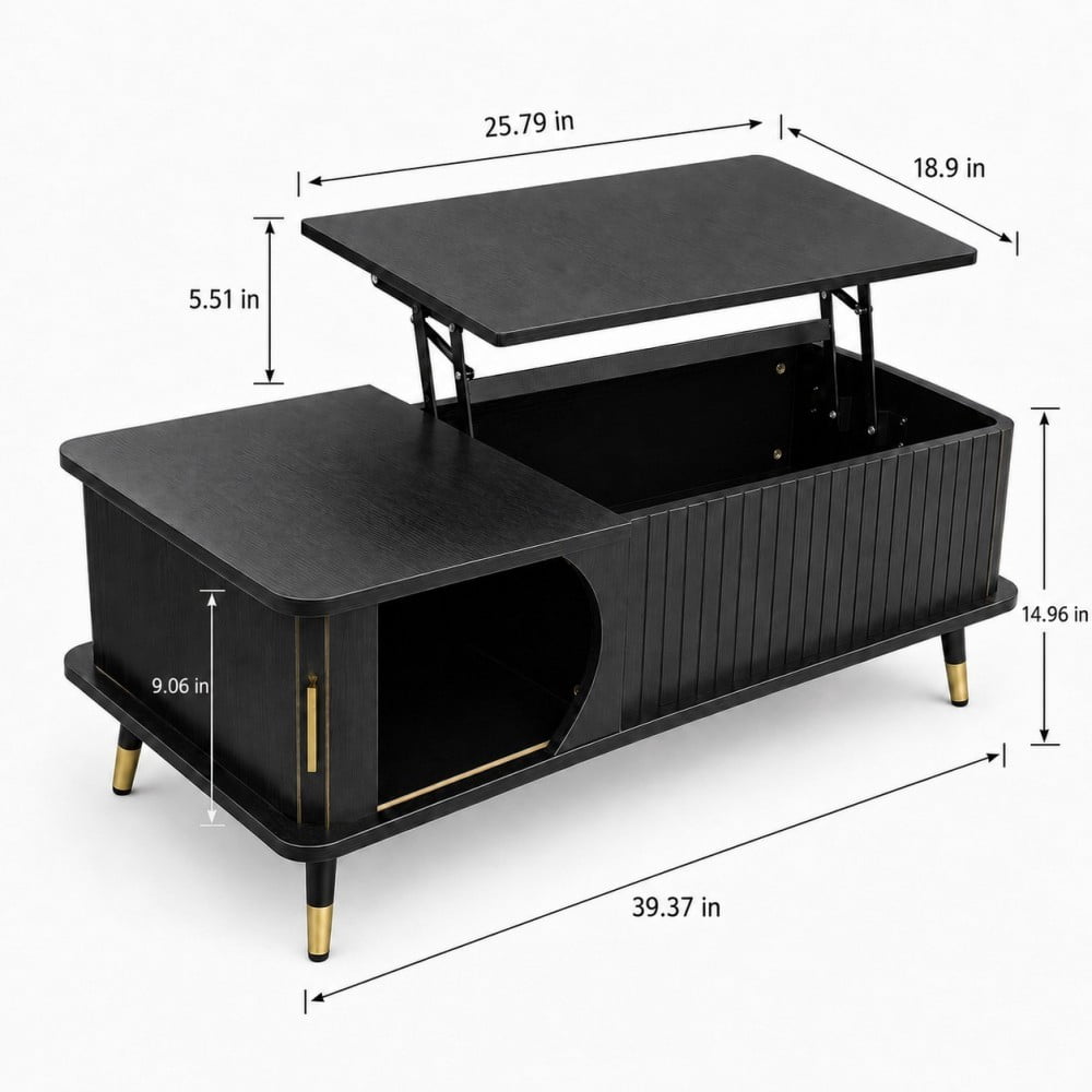 Lift Top Coffee Table with Hidden Storage Compartment and Large Shelf, Wood Farmhouse Coffee Table, Modern Center Table for Living Room, Office, Black