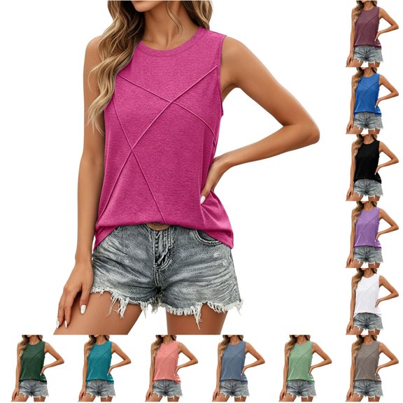Summer Casual V Neck Sleeveless Blouse Loose Fit Pure Color Basic Tank Top and S