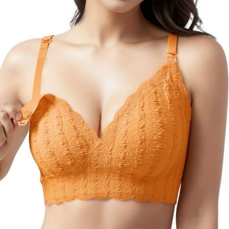 Quealent Womens Maternity Nursing Bra for Breastfeeding Comfort Seamless Wireless Sleep Bra (Orange L)