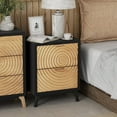 thumbnail image 2 of COZAYH Modern Farmhouse Nightstand, Drawer with Handcrafted Wood Ring Motif, 2-Drawer Black Nightstand with Short Iron Legs and Handles, 2 of 7