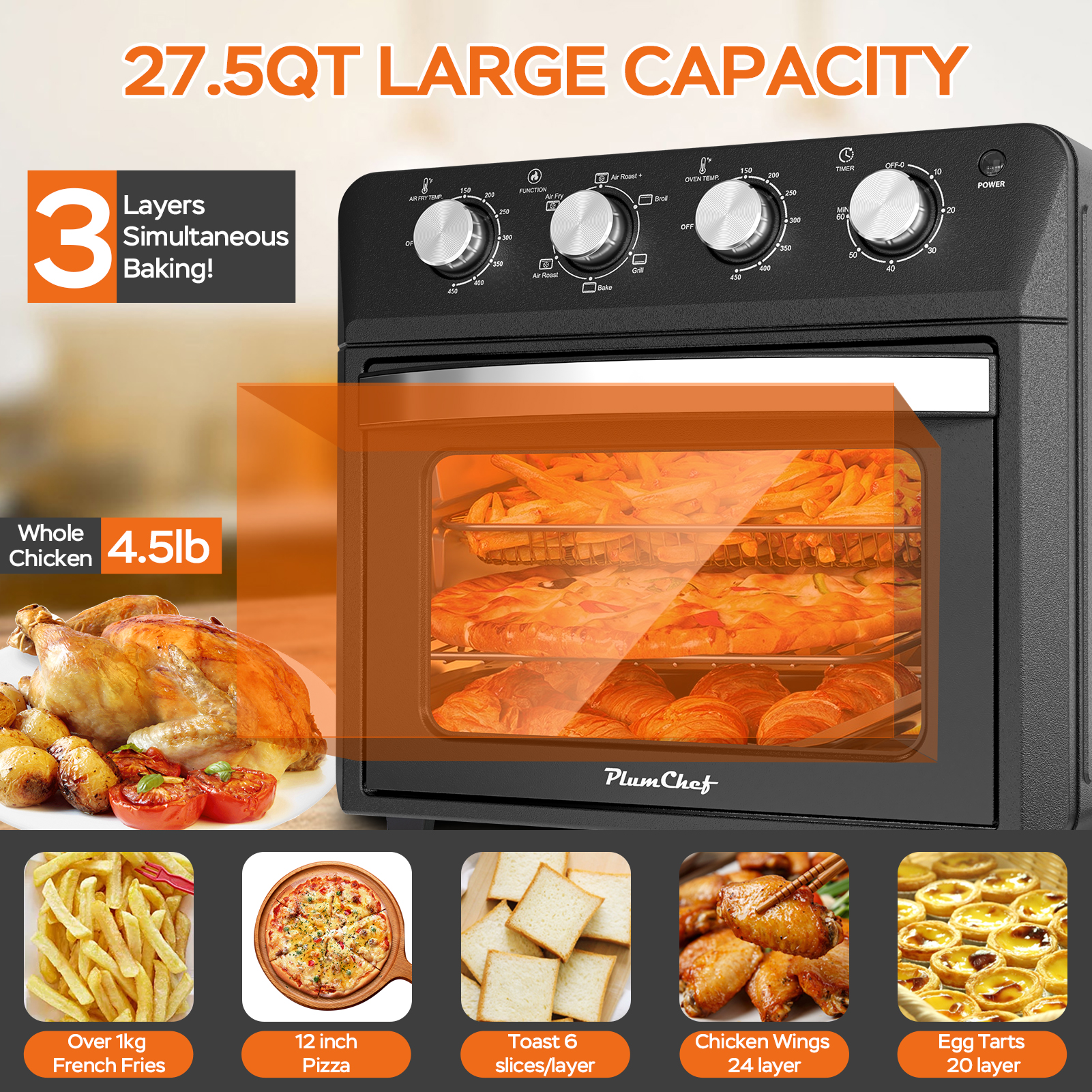 Plum Chef 27.5QT Air Fryer Toaster Oven Combo, 6-in-1 Countertop Convection Oven with Air Fry, Bake, Broil, Toast, Warm & Dehydrate, Includes Tray & Rack, Family Size, Stainless Steel Door, Black