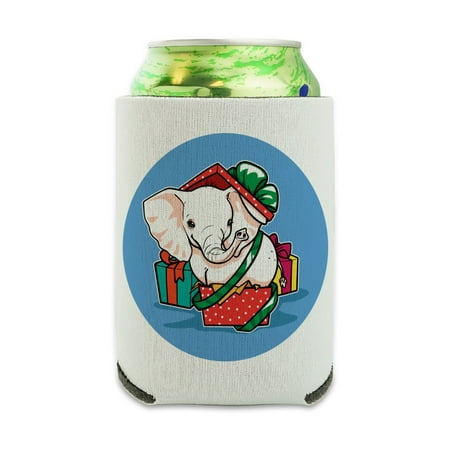 White Elephant In Present Gift Box Holiday Christmas Can Cooler - Drink Sleeve Hugger Collapsible Insulator - Beverage Insulated