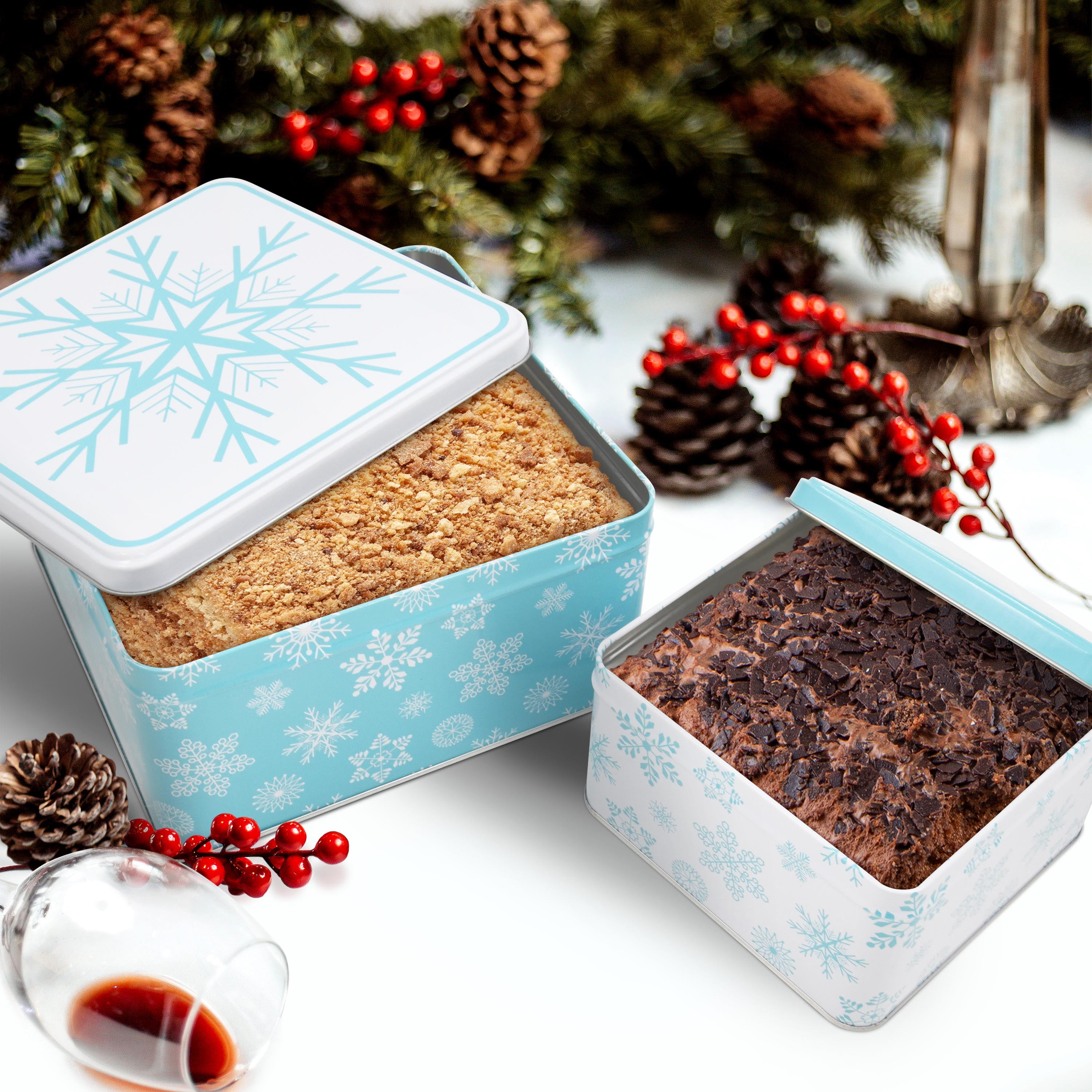 Holiday Time Christmas Snowflake Metal Blue Festive Gift Tin with Lid Large, 8.2" x 8.2" x 4.1", <ul><li>Holiday Time Christmas Snowflake Metal Blue Festive Gift Tin with Lid Large</li><li>Featuring a blue tin body with a festive white lid decorated with snowflake prints</li><li>Lightweight, reusable</li></ul>
