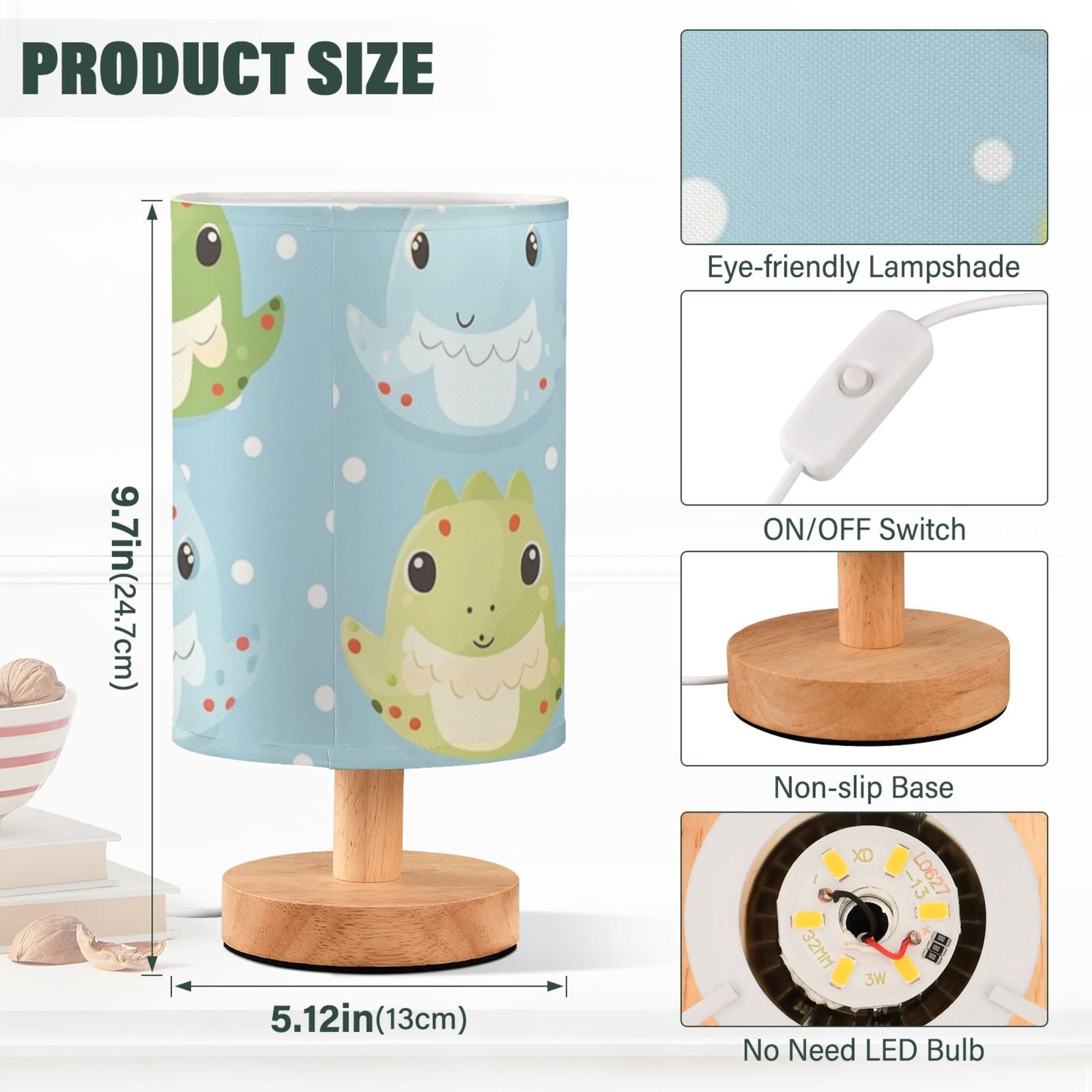 Dinosaur Eggs Table Lamp USB Bedside Desk Nightstand Lamp Printed Gifts Small Lamp Wood Base for Bedroom Living Room Kids Room College Dorm