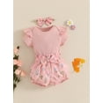 thumbnail image 4 of Baby Toddler Girls Shorts Clothes Set, 3 6 12 18 Months Short Sleeve Romper with Floral Shorts and Hairband Summer Outfit, 4 of 9