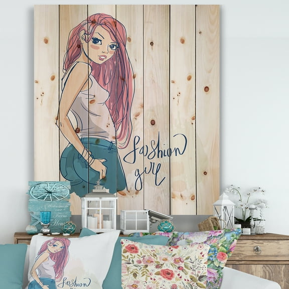 Designart 'Trendy Fashion Woman I' Children's Art Print on Natural Pine Wood