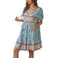 thumbnail image 2 of Liacowi Women´s Boho Print Dress T shirt Bohemian Summer V Neck Short Sleeve Floral Beach Dress Flowy Swing Casual Mini Dress, 2 of 9