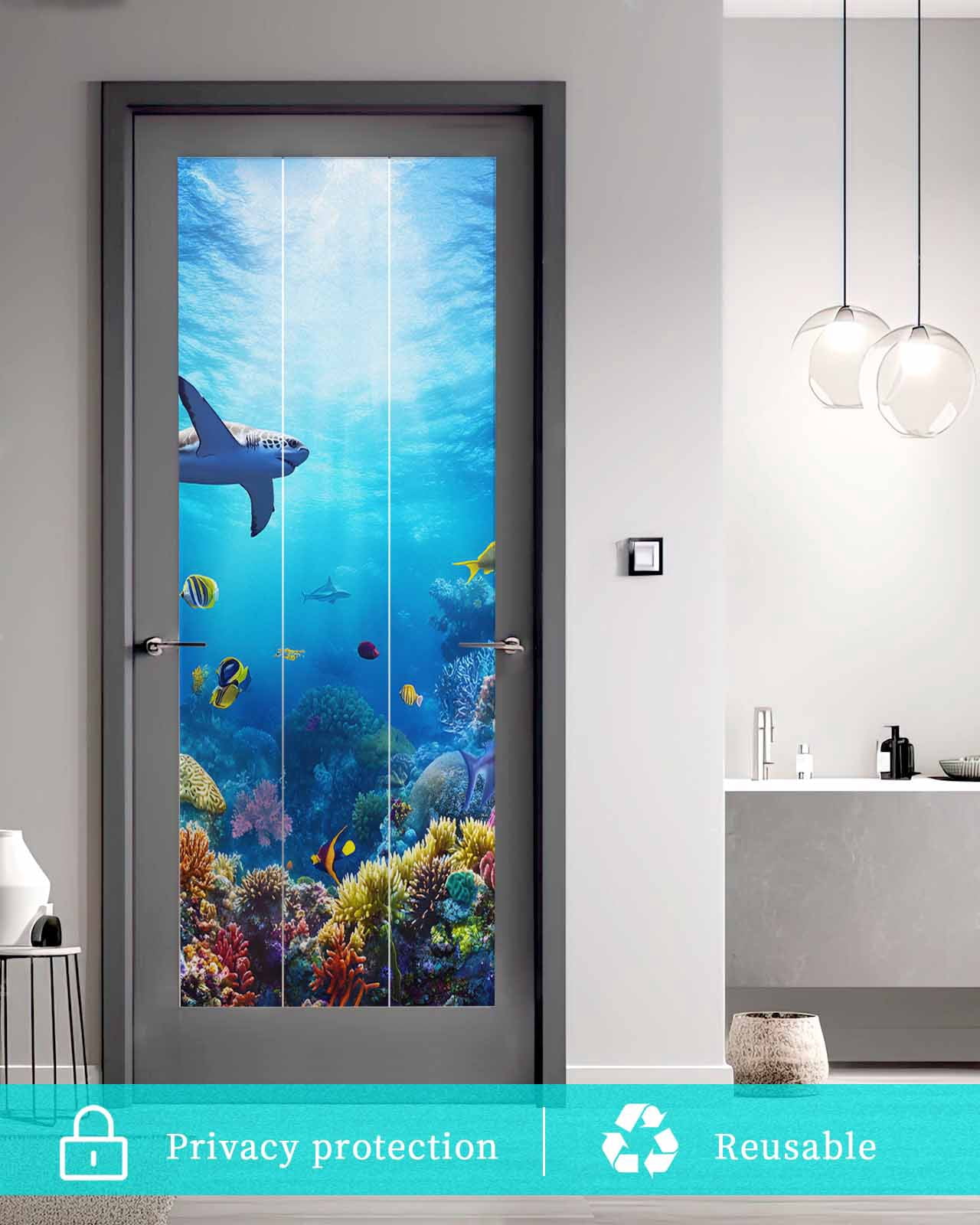 Window Privacy Film Shark Stained Glass Window Film Decorative Sun Block Window Cover Blue Ocean Underwater Animal Coral Tropical Fish Window Clings Static Adhesive Sticker for Bathroom 23.6"x59"