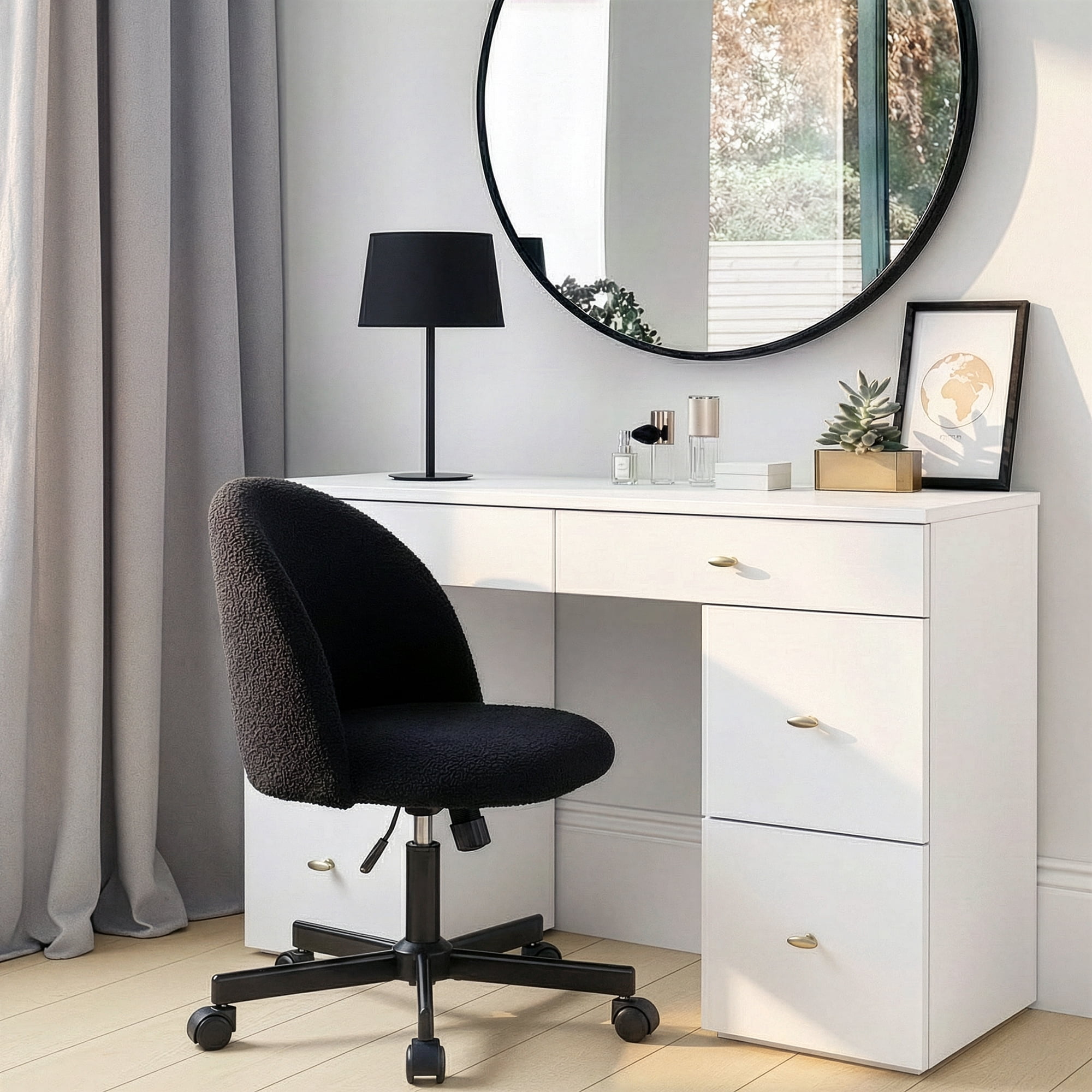 CELTOSS Home Office Desk Chair, Cute Teddy Fabric Swivel Vanity Stool, Mid Back Adjustable Armless Task Chair with Wheels, Black