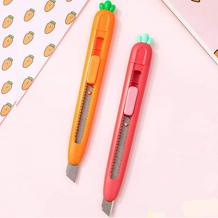 

FACI 4 Pack Mini Utility Knives Plastic Creative Carrot Strawberry Retractable Letter Opener Craft Touch Knife with Key Hole for Cutting Paper Cardboard