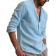 Mens V Neck Cotton Linen Henley Shirts Long Sleeve Banded Collar T ...