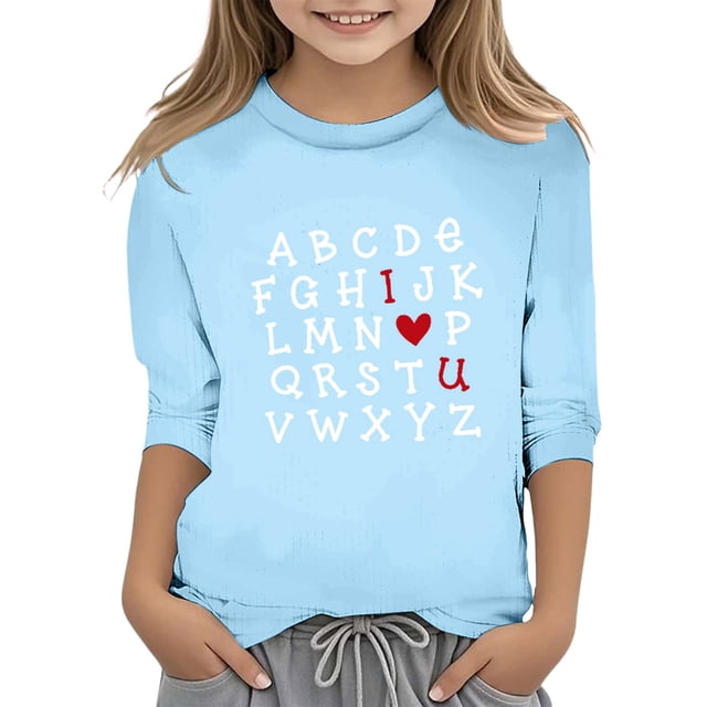 PMVFHDE Tunique à Manches Courtes pour Fille Tee-Shirt d'Été pour Fille T-Shirt Graphique T-Shirts Graphiques pour la Saint-Valentin Imprimé Fonctionnel Col Rond Manches 3/4 Bleu Clair, 3-4 Ans