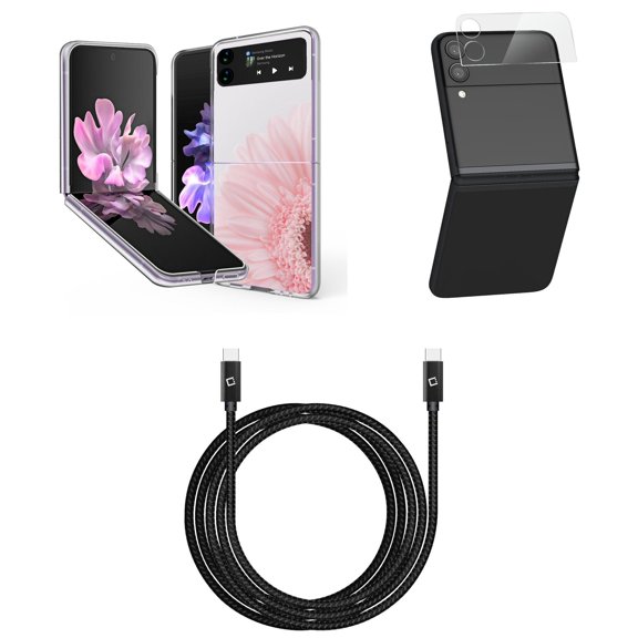 Bemz Premium Bundle for Samsung Galaxy Z Flip 3 5G: Slim Snap-On Protector Case (Pink Sunflower), Rear Camera Glass Protector, Nylon Braided USB-C to USB-C Cable (4 Feet)