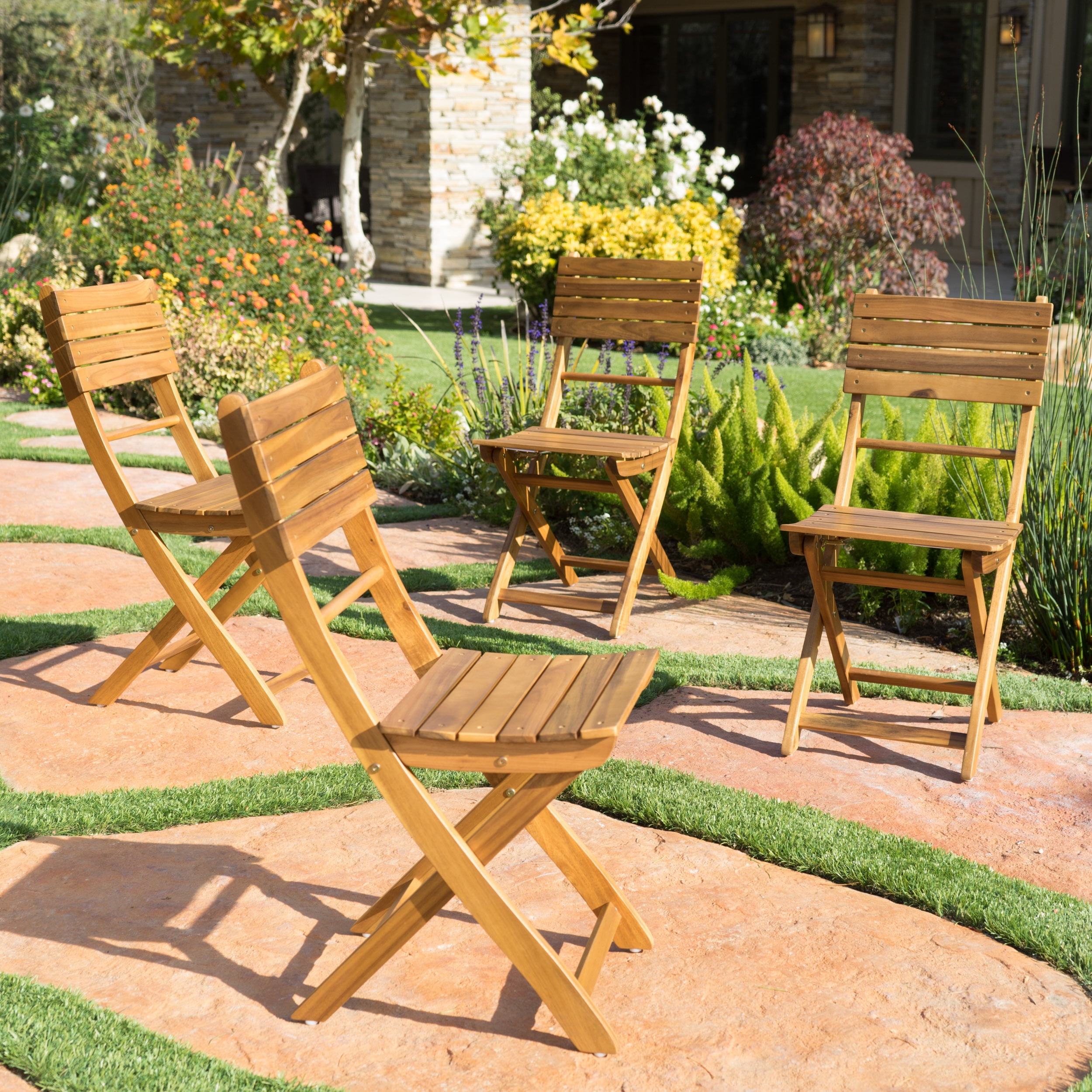 Bristle Outdoor Acacia Wood Foldable Dining Chairs, Set of 4, Natural Finish - Walmart.com