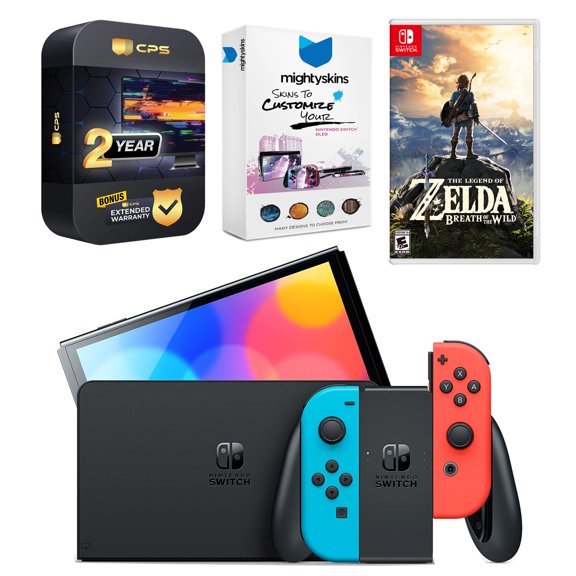 Nintendo Switch Neon Red & Blue OLED Console with The Legend of Zelda Breath of the Wild, MightySkins Console and Controller Skin Voucher, and 2 Year CPS Extended Warranty