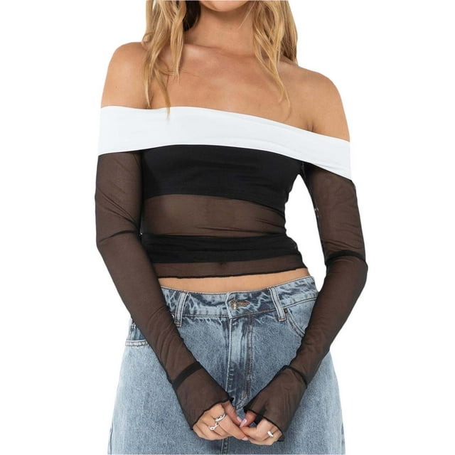 xiaxaixu Women´s Summer Fitted Crop Tops Long Sleeve Off Shoulder Contrast Color Sheer Mesh T-shirt
