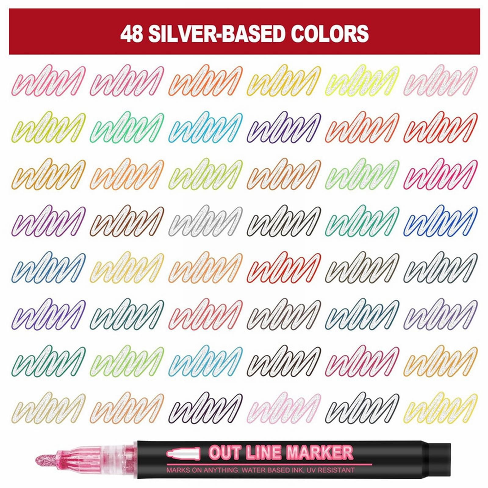 BinKFF Double Line Outline Markers, 8/48 Shimmer Outline Marker Pen Set, Self Outline Metallic Markers Glitter Writing Drawing Pens for Birthday Greeting Card, DIY Art Crafts,Doodling