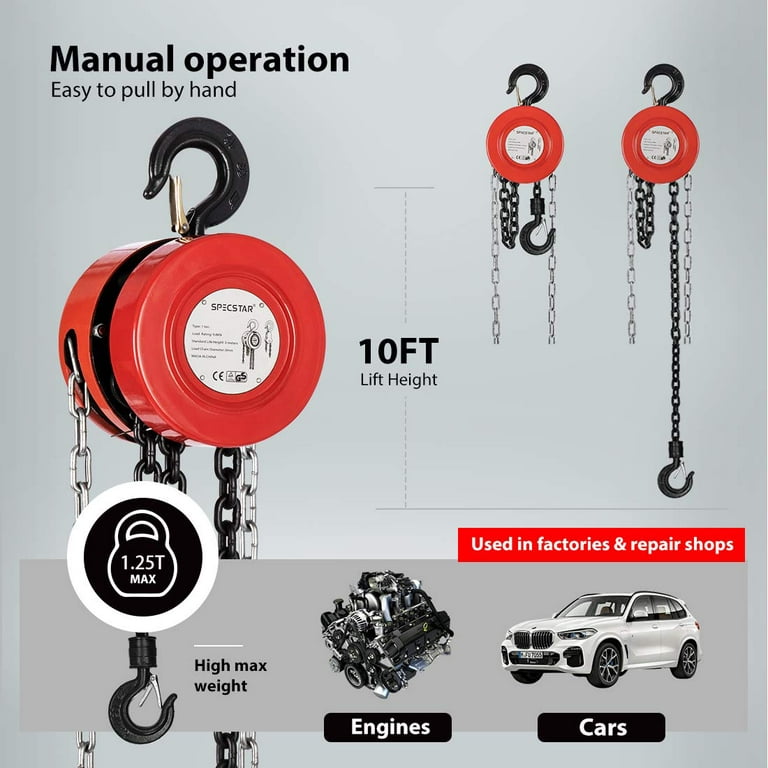SPECSTAR Hand Chain Hoist 1 2000 Lbs 10 Feet with 2 Duty Hooks, Manual Chain Fall for Warehouse Building Automotive Machinery Red - Walmart.com