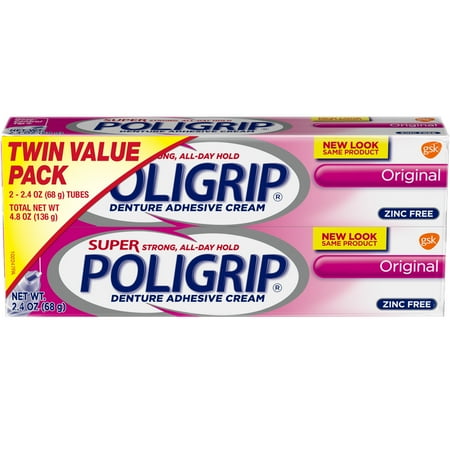 Super Poligrip Original Formula Zinc Free Denture Adhesive Cream, 2.4 ounce Twinpack (4.8 ounce total)
