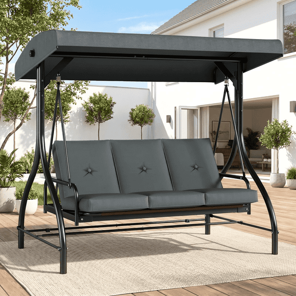 Arlopu 3-Seat Porch Swing, Outdoor Patio Swing Chair with Adjustable Canopy & Removable Cushions, Swing Glider for Garden Poolside Backyard, Gray