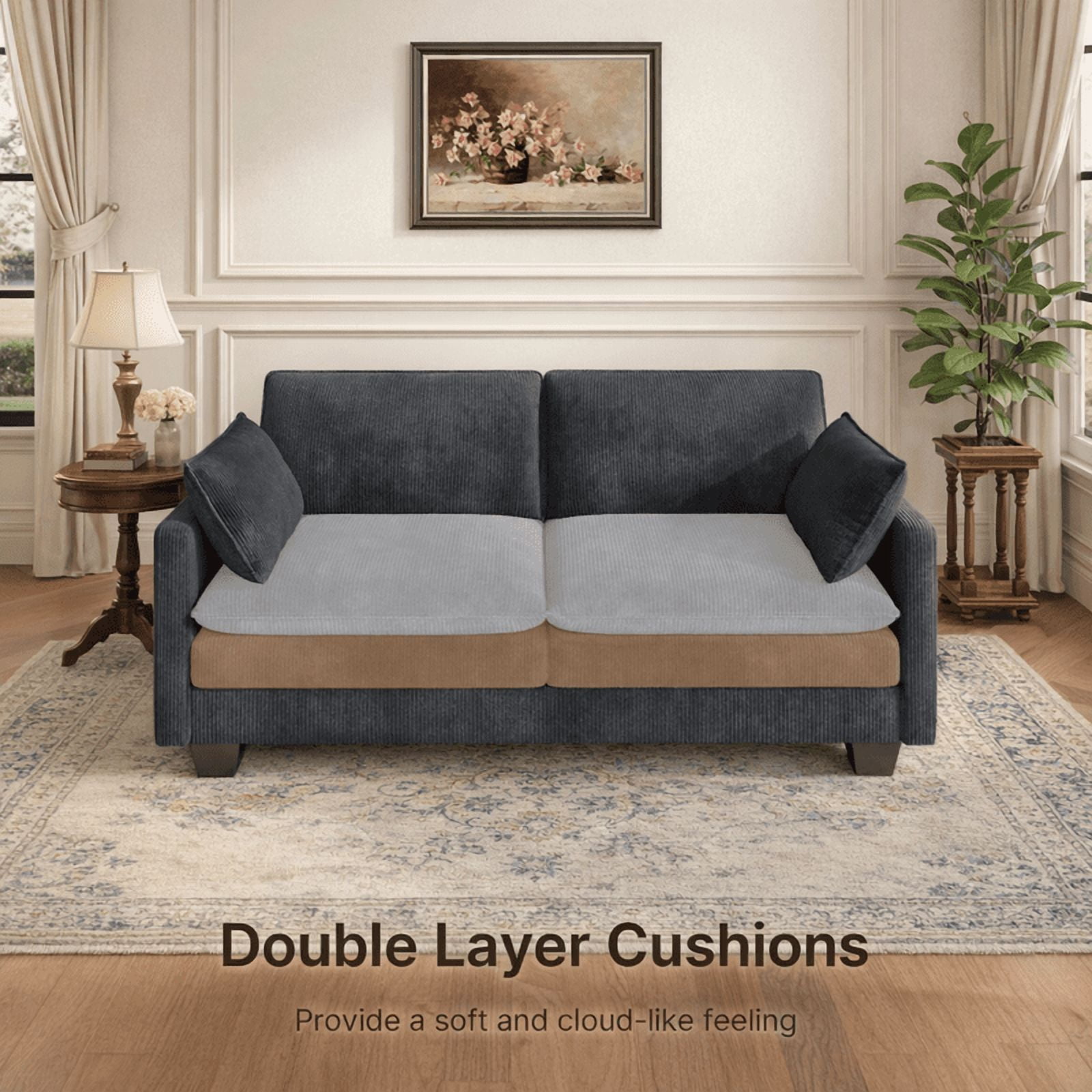 75" Corduroy Cloud Loveseat, Modern Oversized Sofa with Double Layer Cushions – Deep Seat Soft Fabric Couch for Living Room, Gray