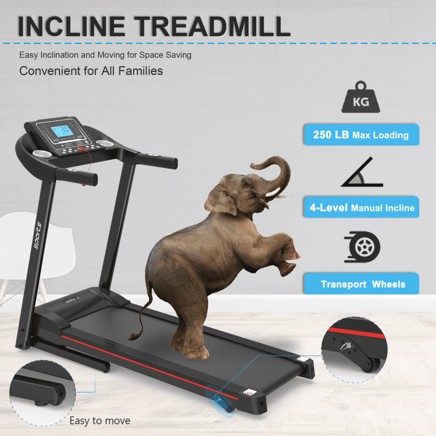 Fitshow App Home Foldable Treadmill with Incline, 250 LB Capacity, Bluetooth Music, 5" LCD Screen, Hydraulic Folding for Easy Storage, 12 Workout Programs