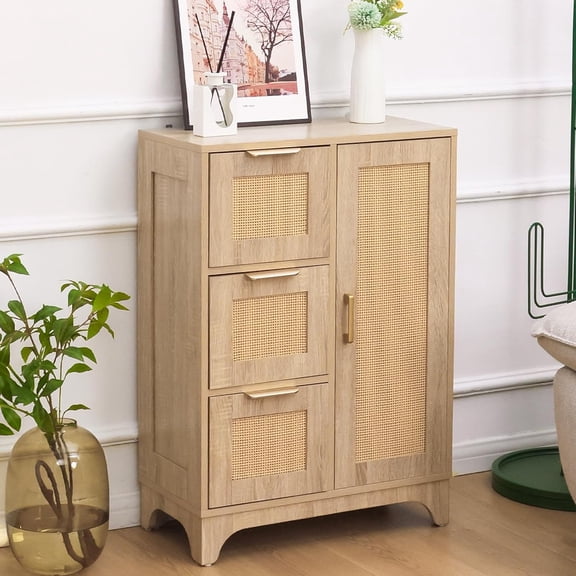 ALBAD Boho Sideboard Buffet Cabinet with 3 Storage Drawer Rattan Door and Adjustable Storage Shelves Rustic Farmhouse Coffee Bar for Dining Room, Kitchen, Natural Wood