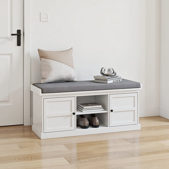 GVN Entryway Bench,Shoe Bench, Shoe Storage Bench with Cushioned Seat, Entryway Bench Seat with 2 Cabinets, White