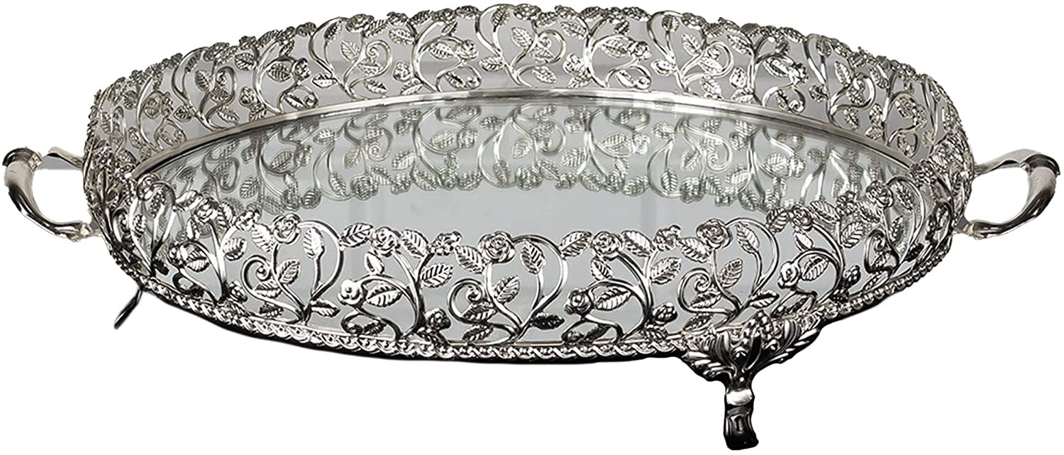 Metal Handmade Filigree Mirrored Tray for Gift, Fancy Perfume Trays for
