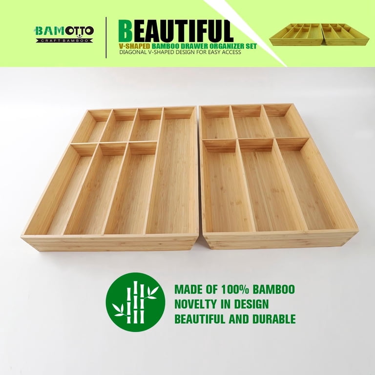 Bamboo Drawer Organizer Set Of 3 - V-Shaped Design For Kitchen Utensils & Home Storage
