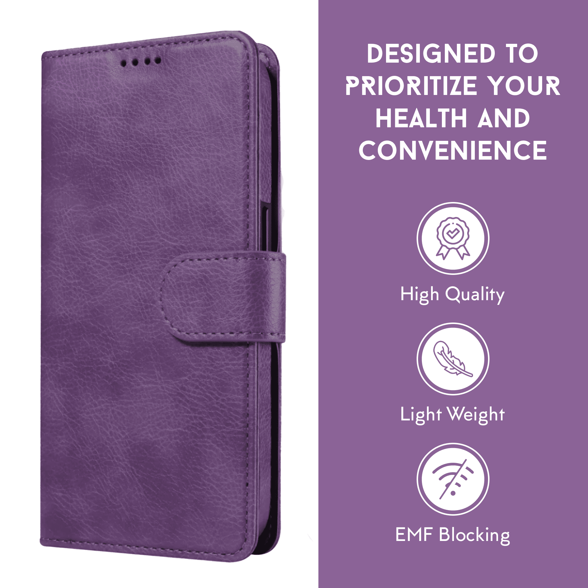 RadEnergy Leather Wallet Case with EMF Protection and Stand for iPhone 15 Pro – Purple