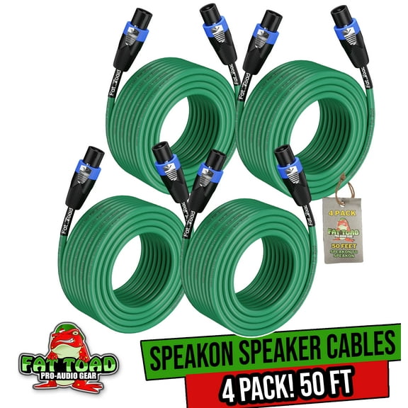 FAT TOAD Speakon to Speakon Speaker Cables 50FT (4-Pack) | DJ Pro Audio Green PA Cords with Twist Lock Connector | 12 AWG Wires for Studio Recording & Stage Gear