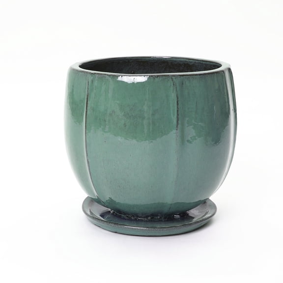 LuxenHome 14" Dia Jade Green Large Round Ceramic Planter with Attached Saucer, Glazed Indoor Outdoor Planter Pot for Indoor Outdoor Use