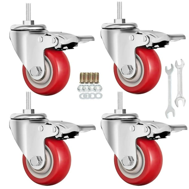 4 Ruote Girevoli In PU Con Doppio Cuscinetto E Doppio Freno - M8x25mm, Diametro 100mm, Capacità 226kg Cad.