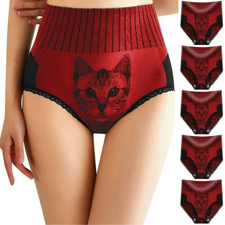 

2PC Seamless Underwear For Women 5PC s Women Ladies Sexy Cat Head Printed High Waist Lace Panties Underwear