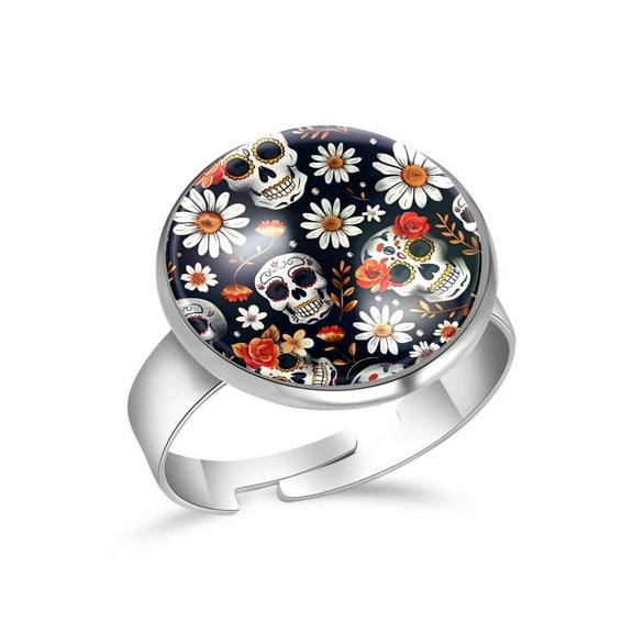 PhooArto Sugar Skull Daisy Floral Pattern Stainless Steel Rings for Women, Open Adjustable Ring Promise Ring Jewelry Gifts