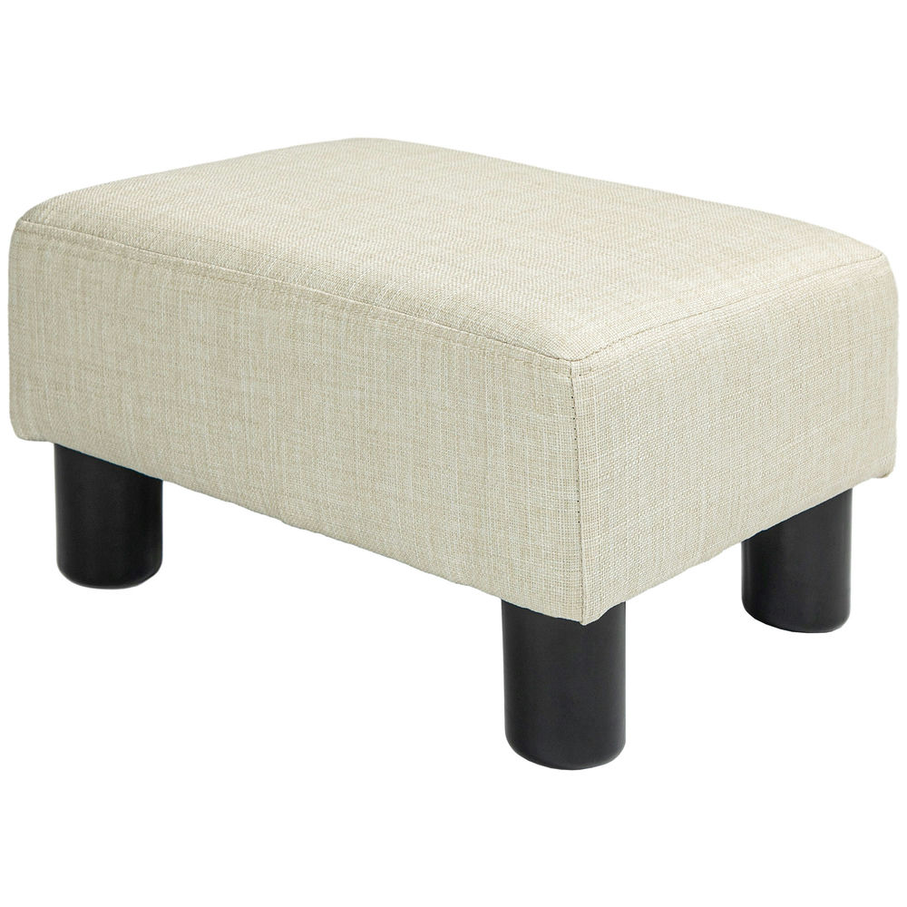 Demi Bonn Small Foot Stool Ottoman 15.7" Footstool with Linen Fabric Upholstery and Plastic Legs Under Desk Footrest for Living Room Bedroom and Office, Beige