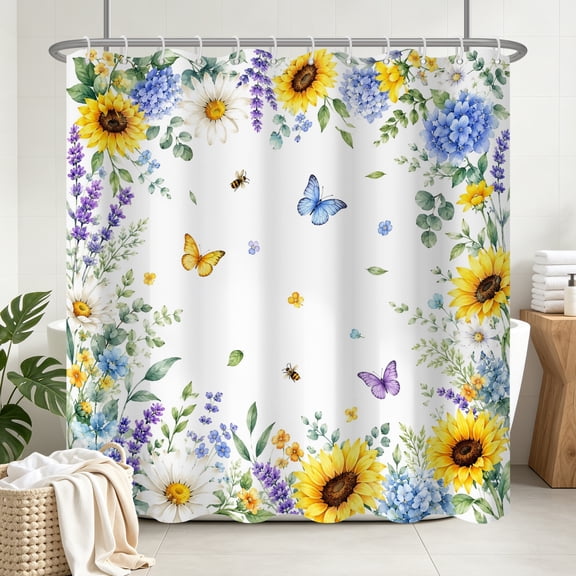 Tchckioa Sunflower Butterfly Shower Curtain for Bathroom,72x72 Inch Waterproof Hooks Bath Curtain Decor