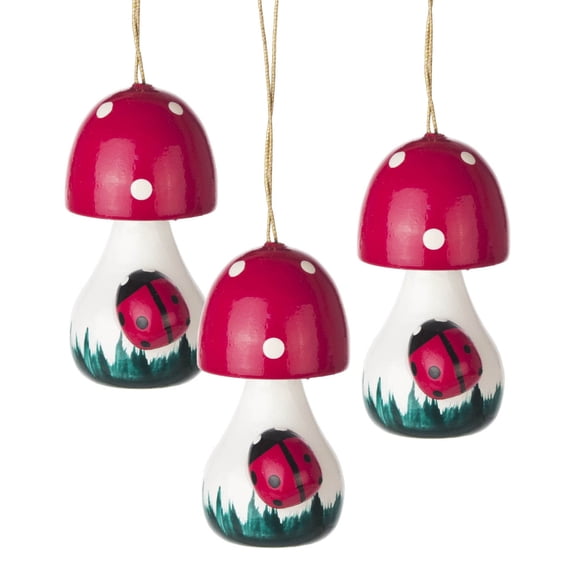 Red Mushroom with Ladybug German Wood Christmas Ornament Set Made in Germany