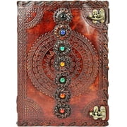 PRASTARA Seven Chakra Stone Leather Journal | LARGE Leather Bound Journal Embossed Book of Shadow Witchcraft Notebook | Blank Paper Vintage Notebook Sketchbook Gifts for Men and Women
