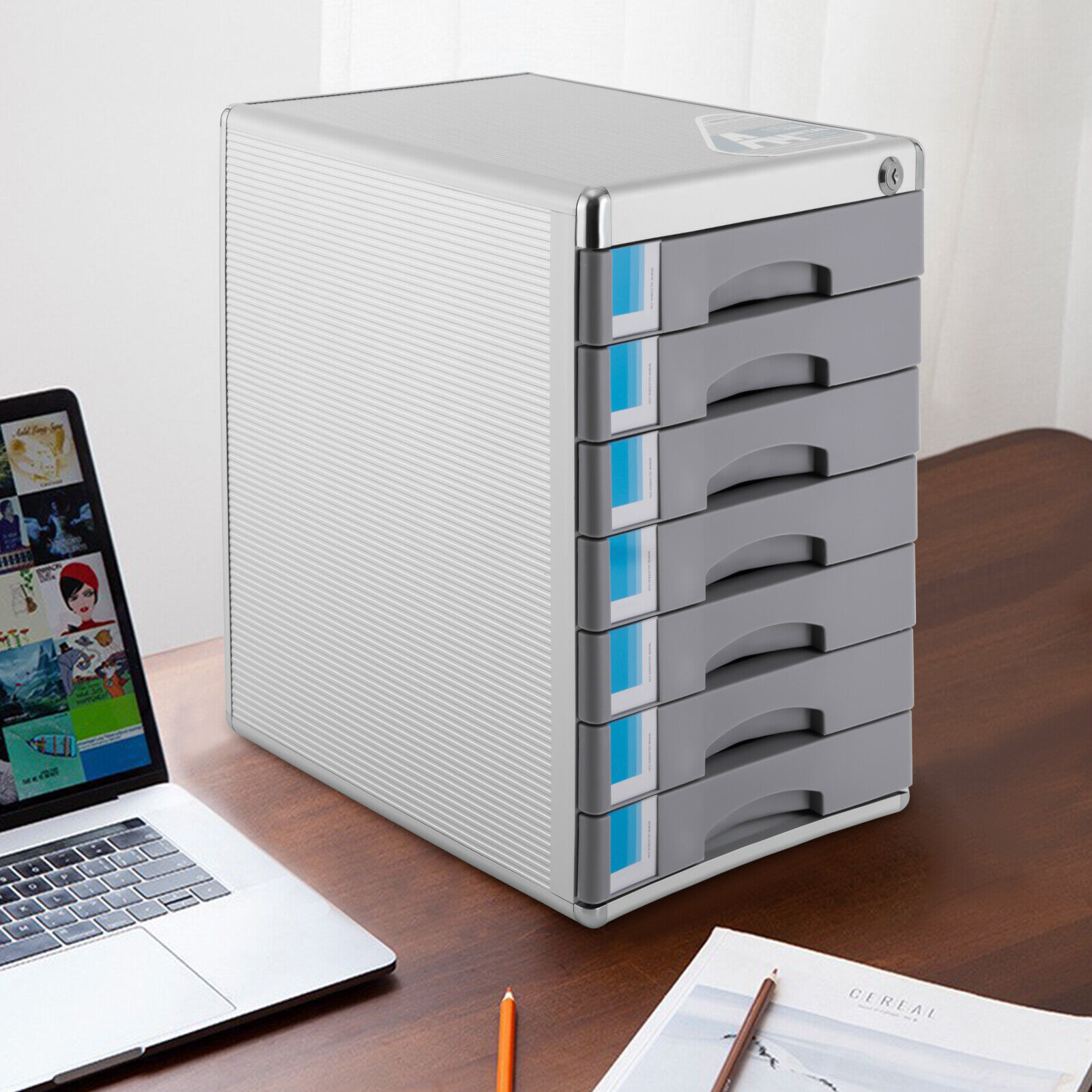 Office Filing Cabinet 7 Drawer Aluminum Alloy File Cabinet With Lock, Grey