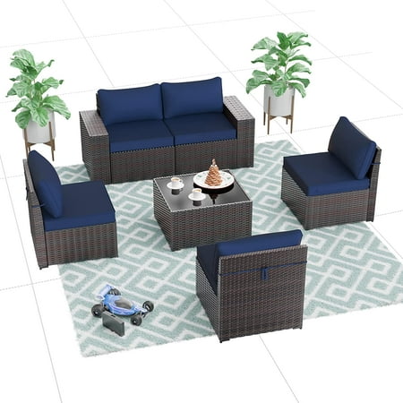 Gotland Patio Furniture Sets 6 Pieces Patio Sectional Outdoor Furniture Patio Sofa Chairs Set All Weather PE Rattan Wicker Couch Conversation Set Navy blue