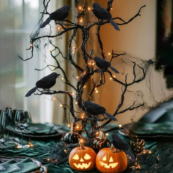 Halloween Black Fake Crows Realistic Looking Decorative Birds for Indoor Outdoor Display