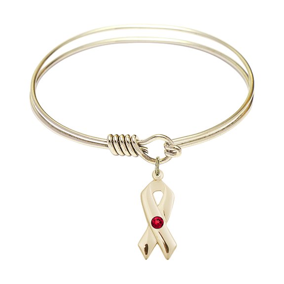 6 1/4 inch Round Eye Hook Bangle Bracelet w/ Cancer Awareness medal charm w/ July Red Swarovski Crystal