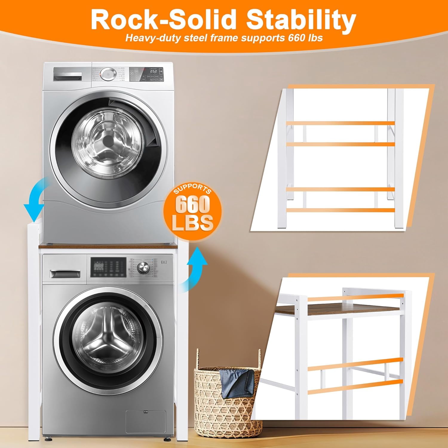 Washer Dryer Stacking Rack, 3 Height Adjustable Laundry Shelf, 300KG Load Capacity, White Storage Organizer for Bathroom