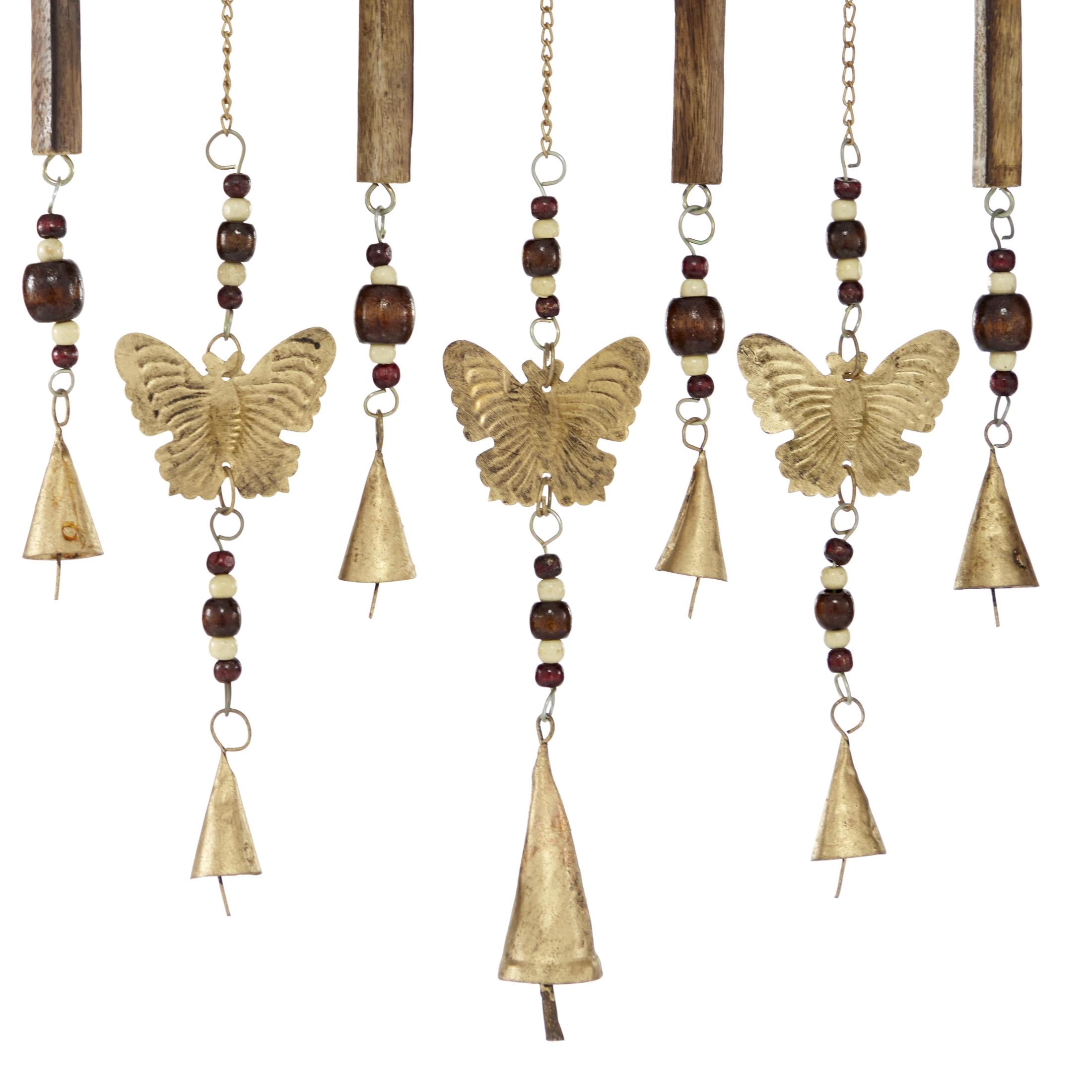 DecMode 26" Brown Wood Butterfly Windchime with Beads and Cone Bells