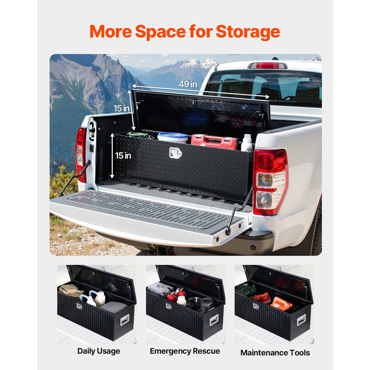 KFFKFF Heavy Duty Aluminum Truck Bed Tool Box, Diamond Pattern Storage Chest with Side Handles and Lock Keys, Organizer for Trailers, Pickups, Truck Beds, RVs, 49"x15"x15", Black