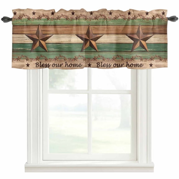 Western Texas Star Vintage Farmhouse Short Window Curtain Valances, Retro Farmhouse Brown Green Wooden Rod Pocket Kitchen Valances for Living Room Bedroom Bathroom Cafe 54" x 18"
