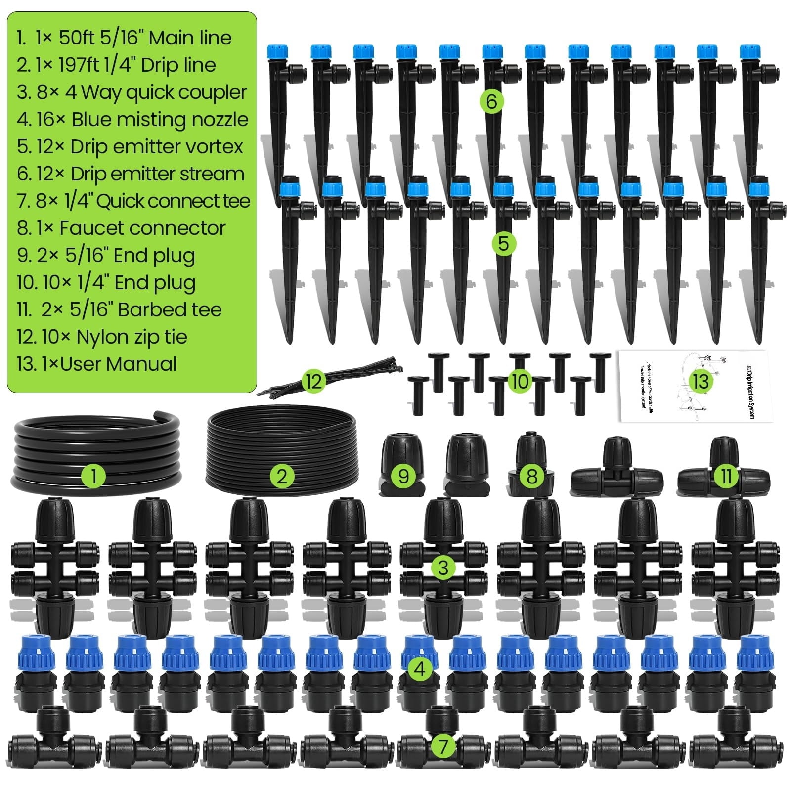 Drip Irrigation System 230FT/247FT – Quick Connect Garden Watering Kit with Adjustable Drip Emitters, 1/4” & 5/16” Tubing for Raised Beds Greenhouse Lawn Automatic Timer Compatible