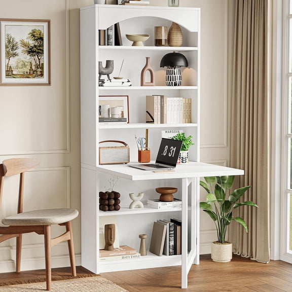 Folding Desk with Storage, Space-Saving Foldable Convertible Writing Table, Wall Mount Fold Out Computer Desk for Home Office, Craft Room, Living Room, Bedroom, White